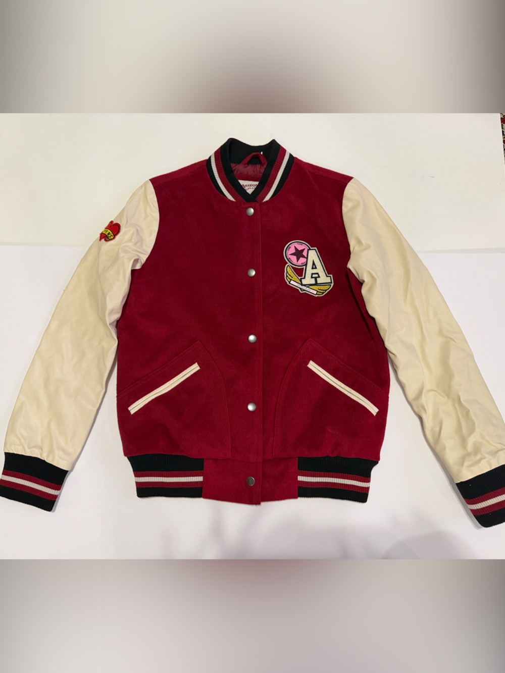 Arizona Jean Company Red and Cream Letterman Bomber Jacket